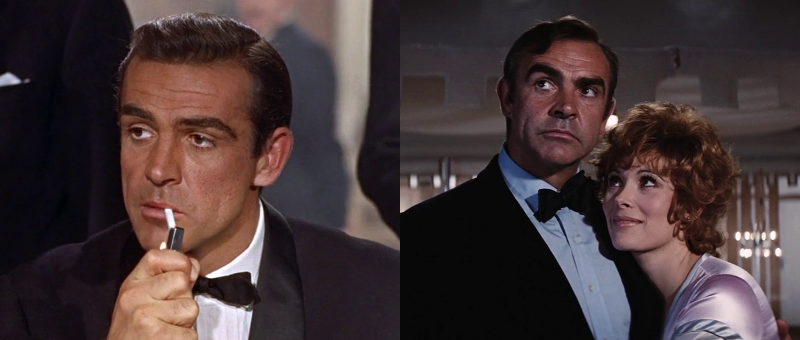 Sean Connery as James Bond at the beginning of Dr. No (1962) and Sean Connery as James Bond and Jill St. John as Tiffany Case at the end of Diamonds Are Forever (1971)