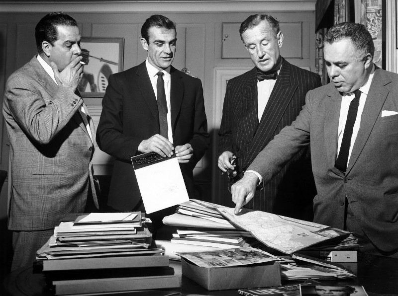 James Bond gets to the big screen - from left to right: longtime producer Albert R. 'Cubby' Broccoli, the first James Bond actor Sean Connery, writer and James Bond character creator Ian Fleming and producer Harry Saltzman