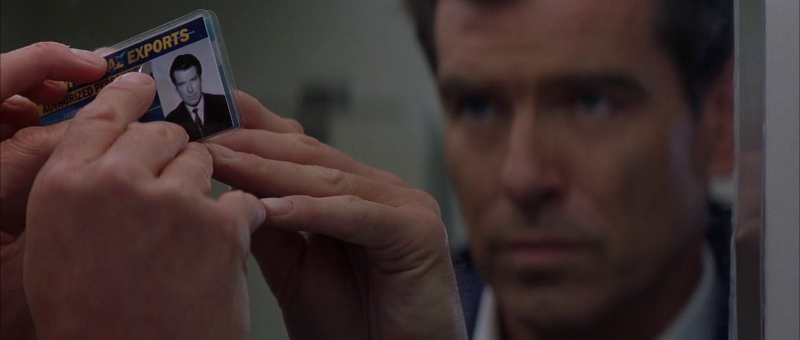 Bond uses his picture from his Universal Exports ID to replace his fake ID at a Russian nuclear facility