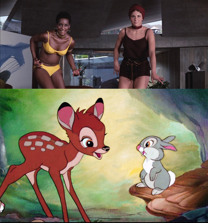 Above - Thumper (Lola Larson) and Bambi (Trina Parks) from Diamonds Are Forever (1971), Below, Bambi and Thumper from the 1942 Disney classic