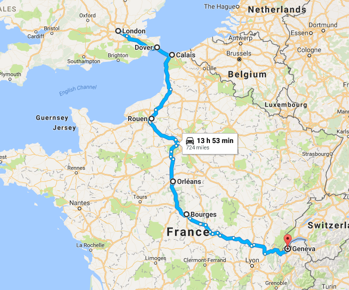 James Bond tracks Goldfinger through three countries - England, France and Switzerland - in Goldfinger (1964)