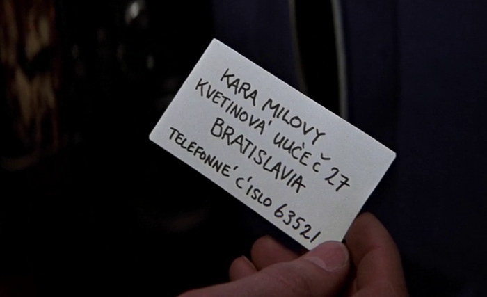 Kara Milovy's contact information from her cello case in The Living Daylights (1987)