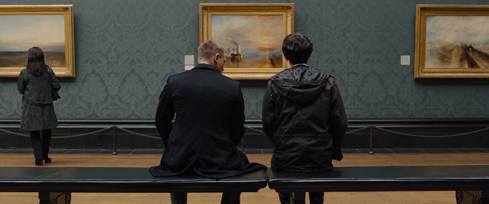 James Bond (Daniel Craig) and Q (Ben Whishaw) meet at the National Gallery in London in front of painting The Fighting Temeraire tugged to her last berth to be broken up, 1838, an oil painting by the English artist Joseph Mallord William Turner in Skyfall (2012)